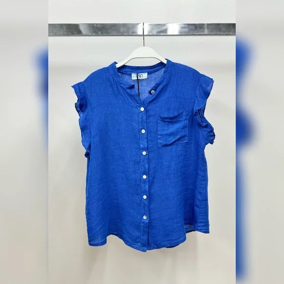 (8093-ROY) SOLID RUFFLE SHORT SLEEVE CHEST POCKET BUTTON DOWN LINEN TOP - Picture 1 of 6